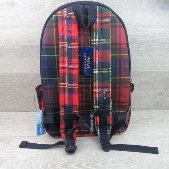 Polo Ralph Lauren Polo Bear Red Navy Plaid Check Backpack School Travel - Picture 9 of 16